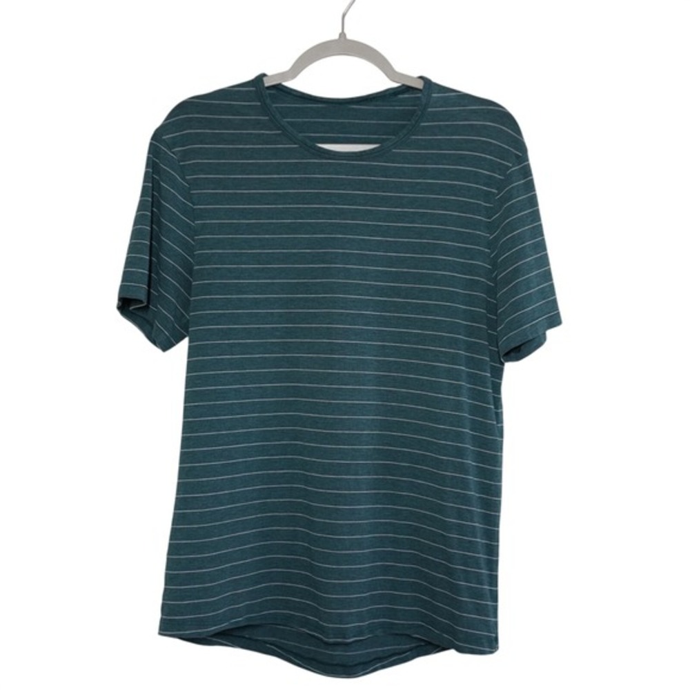 Lululemon Men's Short Sleeve Striped T-Shirt Crew Neck Tee Teal Green Casual